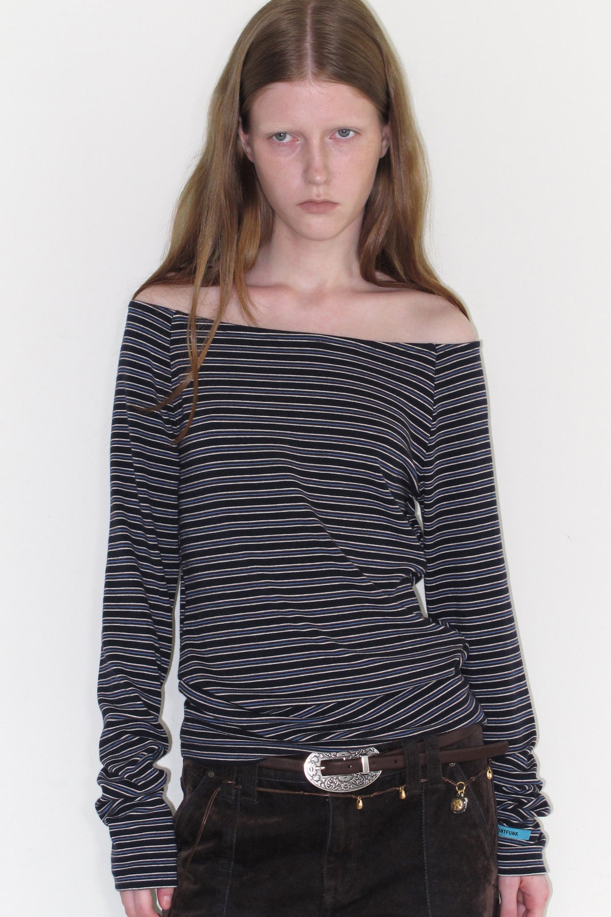 Instantfunk Stripe Off Shoulder Neck Tee - Navy