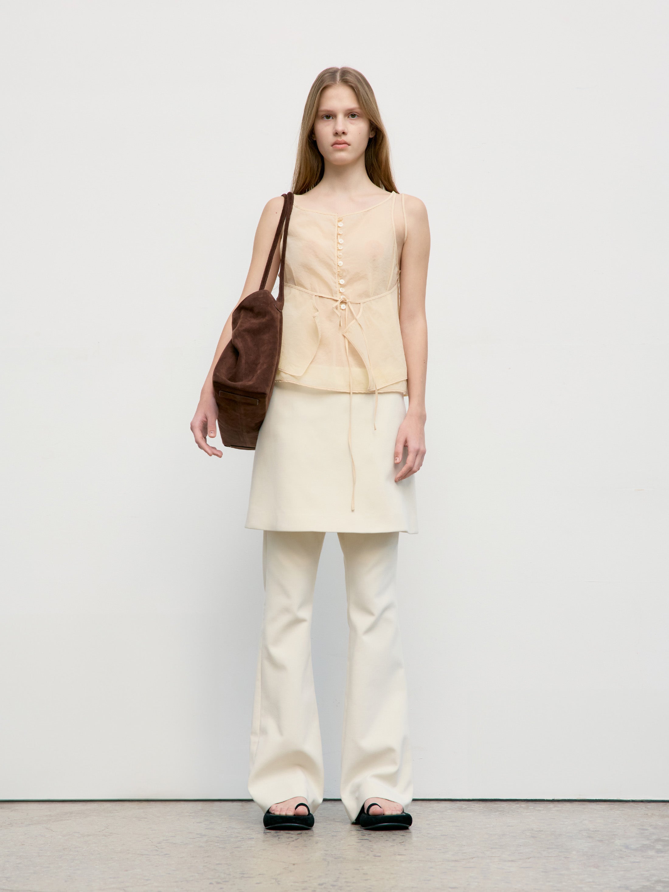 Low Classic See-Through Button Loop Top Beige