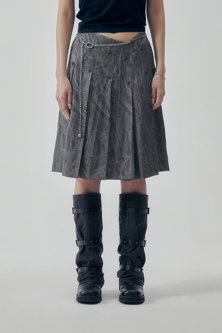 Treemingbird Marble Rivet Pleated Skirt Gray