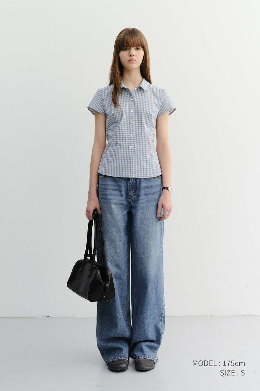 Dunst Vintage Cap Sleeve Slim Shirt Soft Blue Check
