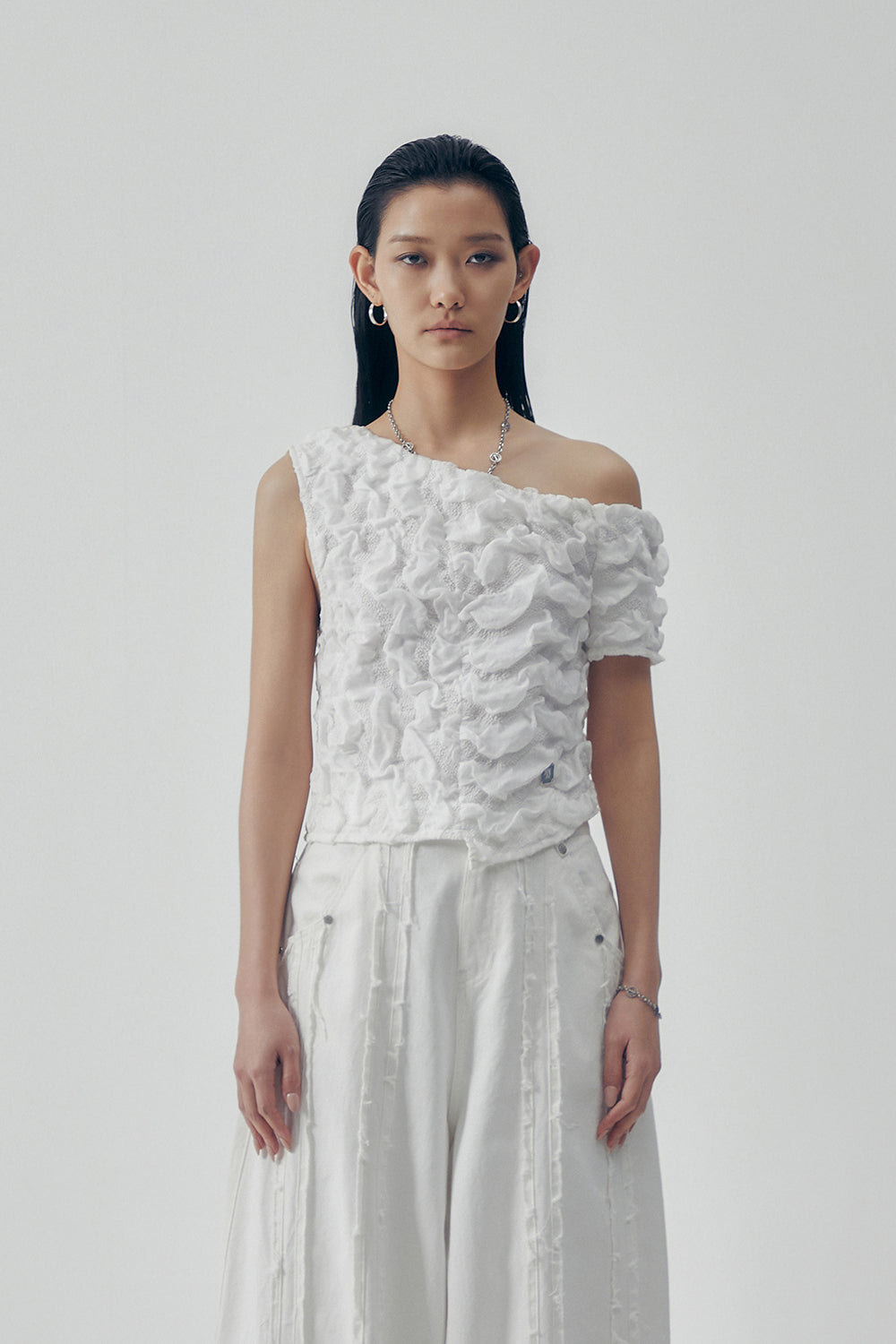 Treemingbird Volume One-shoulder Frill Top White