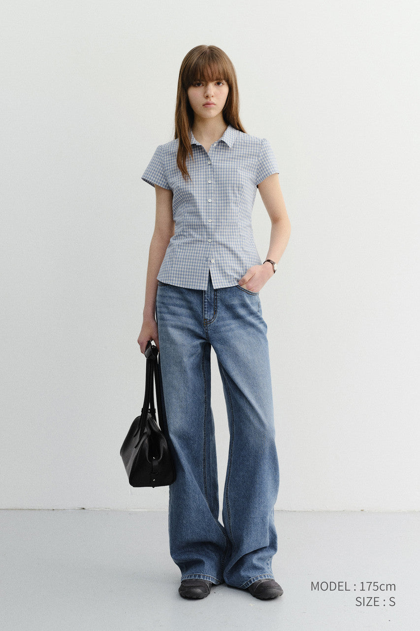 Dunst Vintage Cap Sleeve Slim Shirt Soft Blue Check