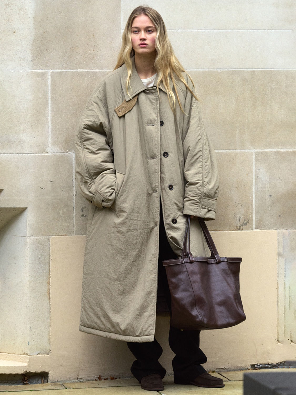 Facade Pattern Oversized Balmacaan Padded Coat mocha