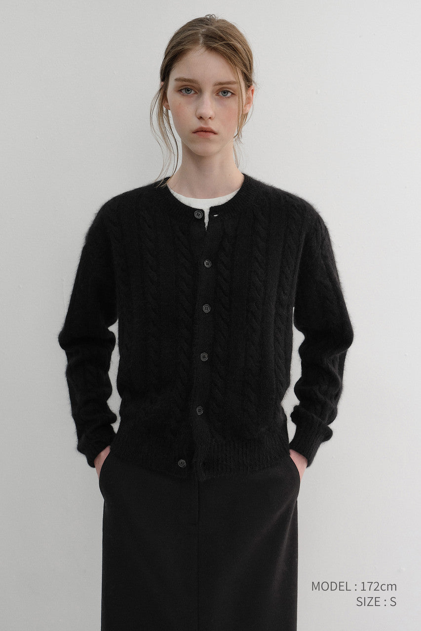 Dunst Unisex Hairy Cable Crew Neck Cardigan Black
