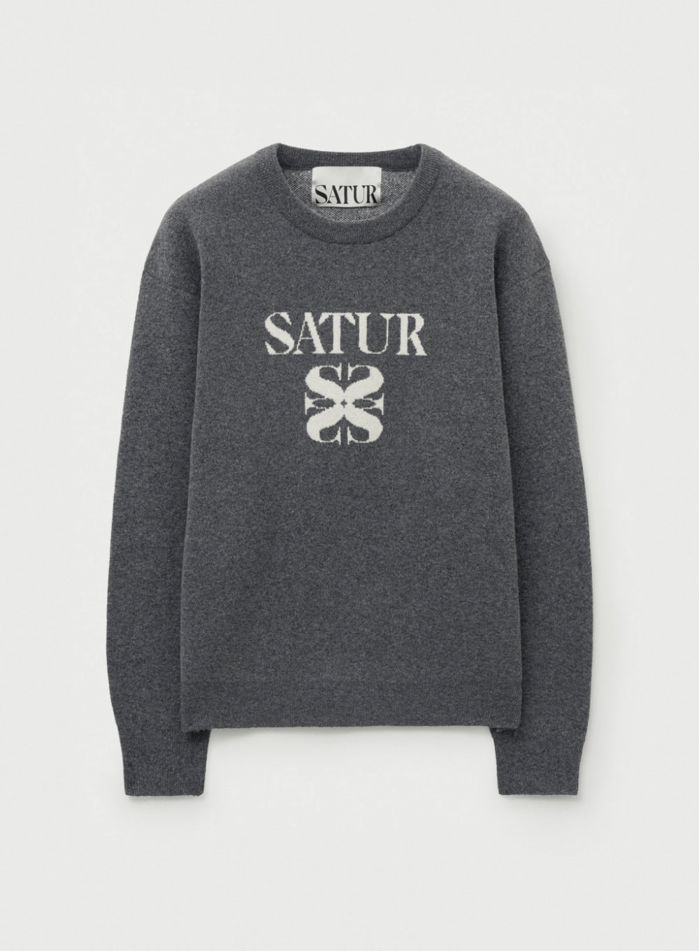 [satur] Basic Logo Jacquard Crew Neck Knit - Charcoal