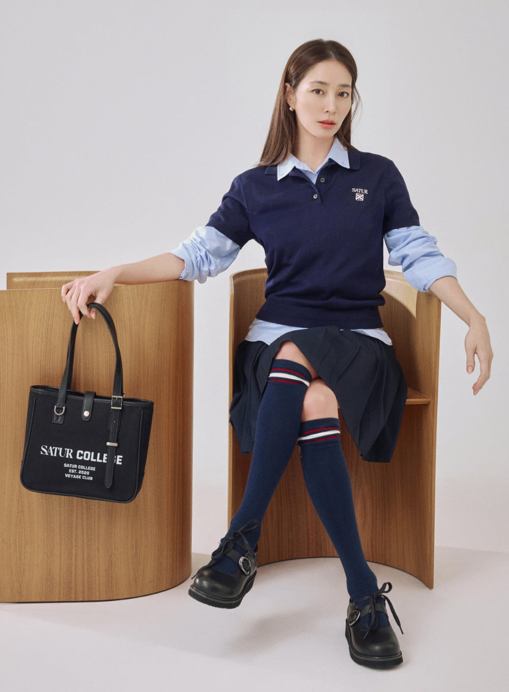 Satur Crest Logo Knee Socks - Navy