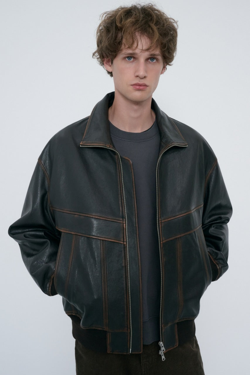 Dunst Unisex Stand Collared Leather Blouson Brushed Brown