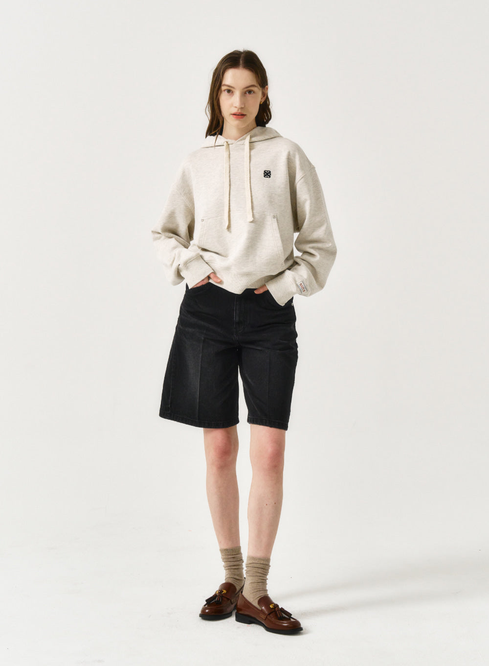 [satur] (W) Classic Small Logo Rivet Hoodie - Melange Oatmeal
