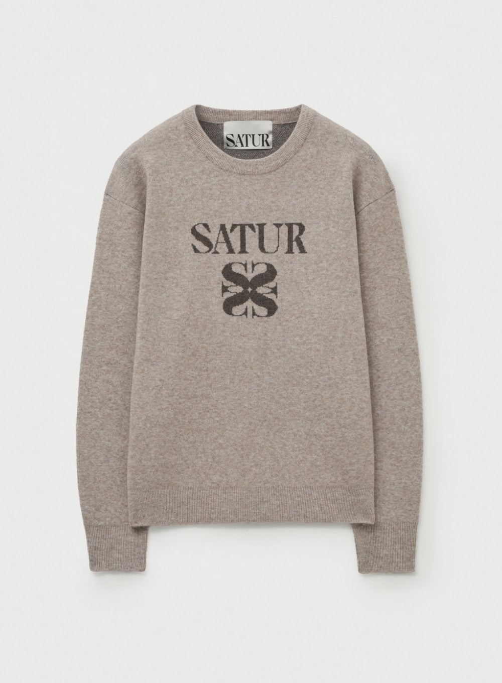 [satur] Basic Logo Jacquard Crew Neck Knit - Beige