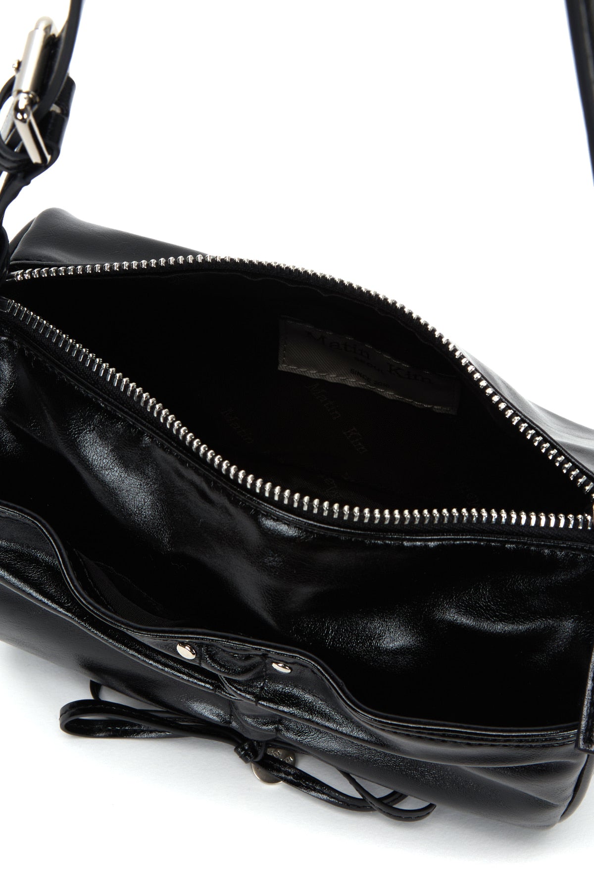 Matin Kim Front Shirring Ribbon Mini Bag in Black, a stylish Korean designer handbag.