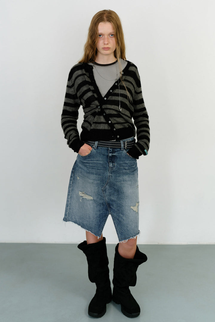 Instantfunk Round Neck Stripe Cardigan - Khaki