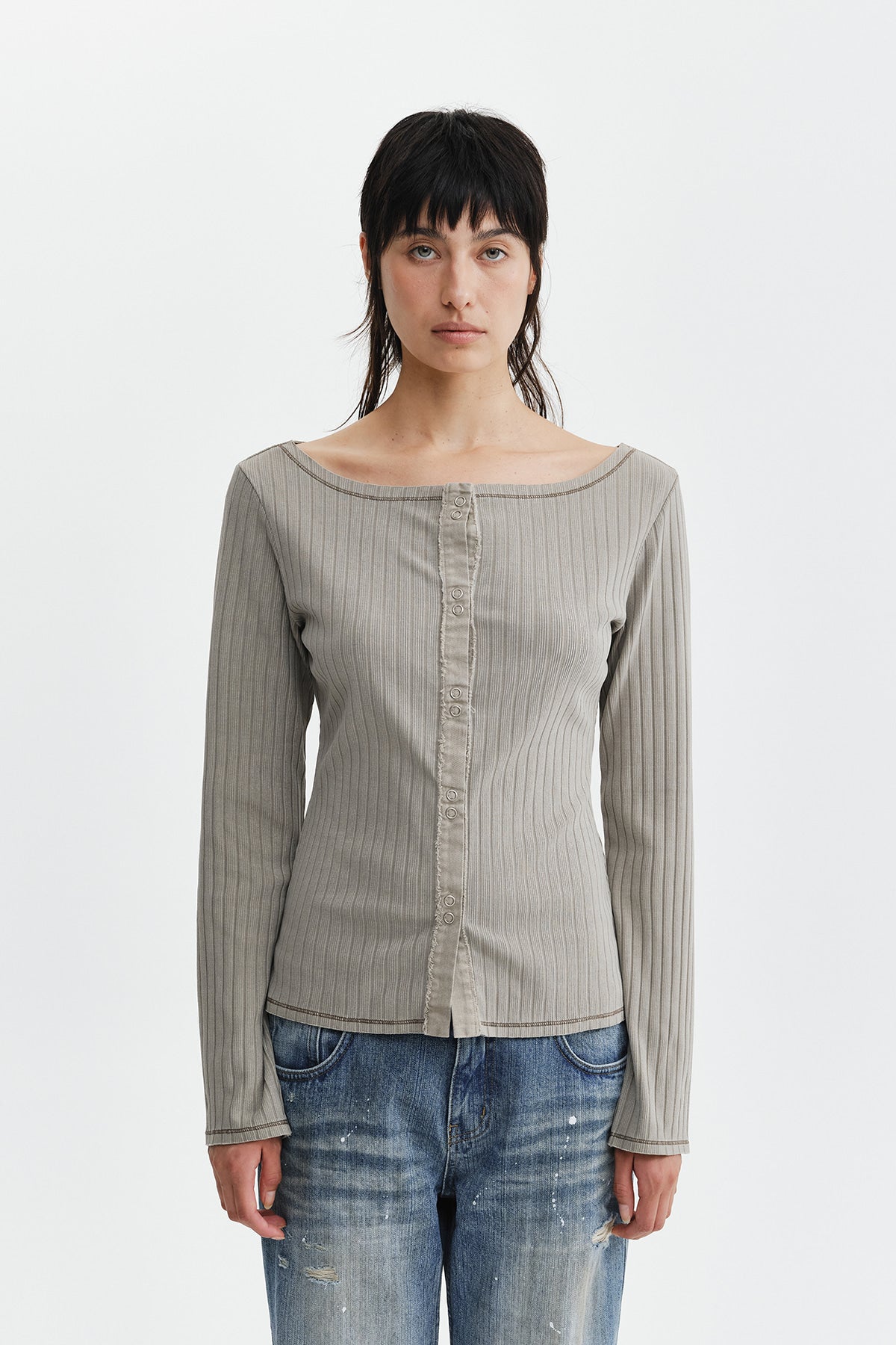 Matinkim Vintage Washed Ribbed Snap Top IN Light Khaki