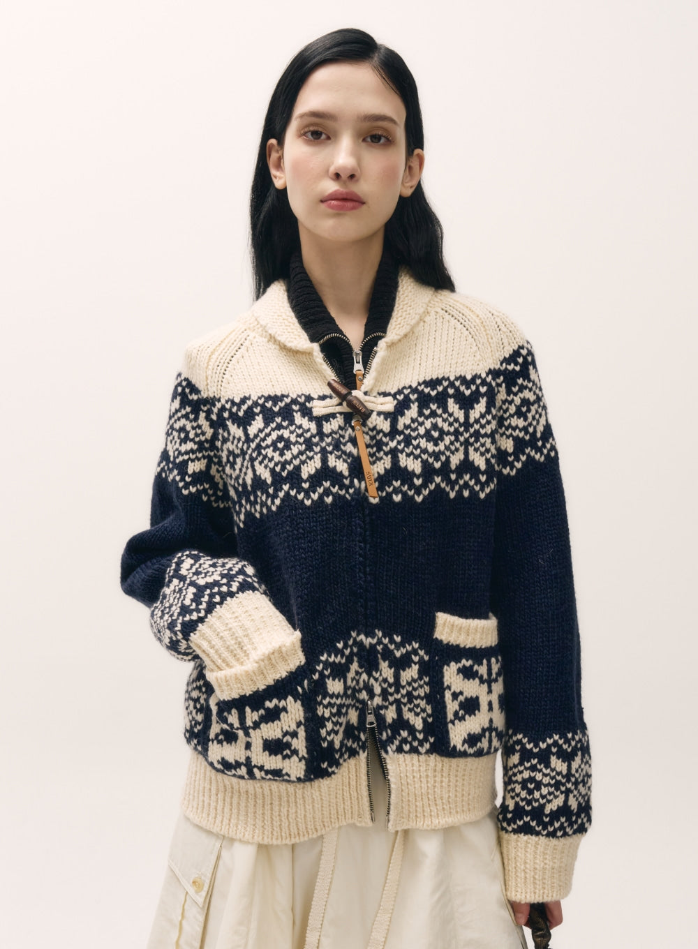 [satur] (W) Cowichan Knit Zip-up Cardigan - Navy