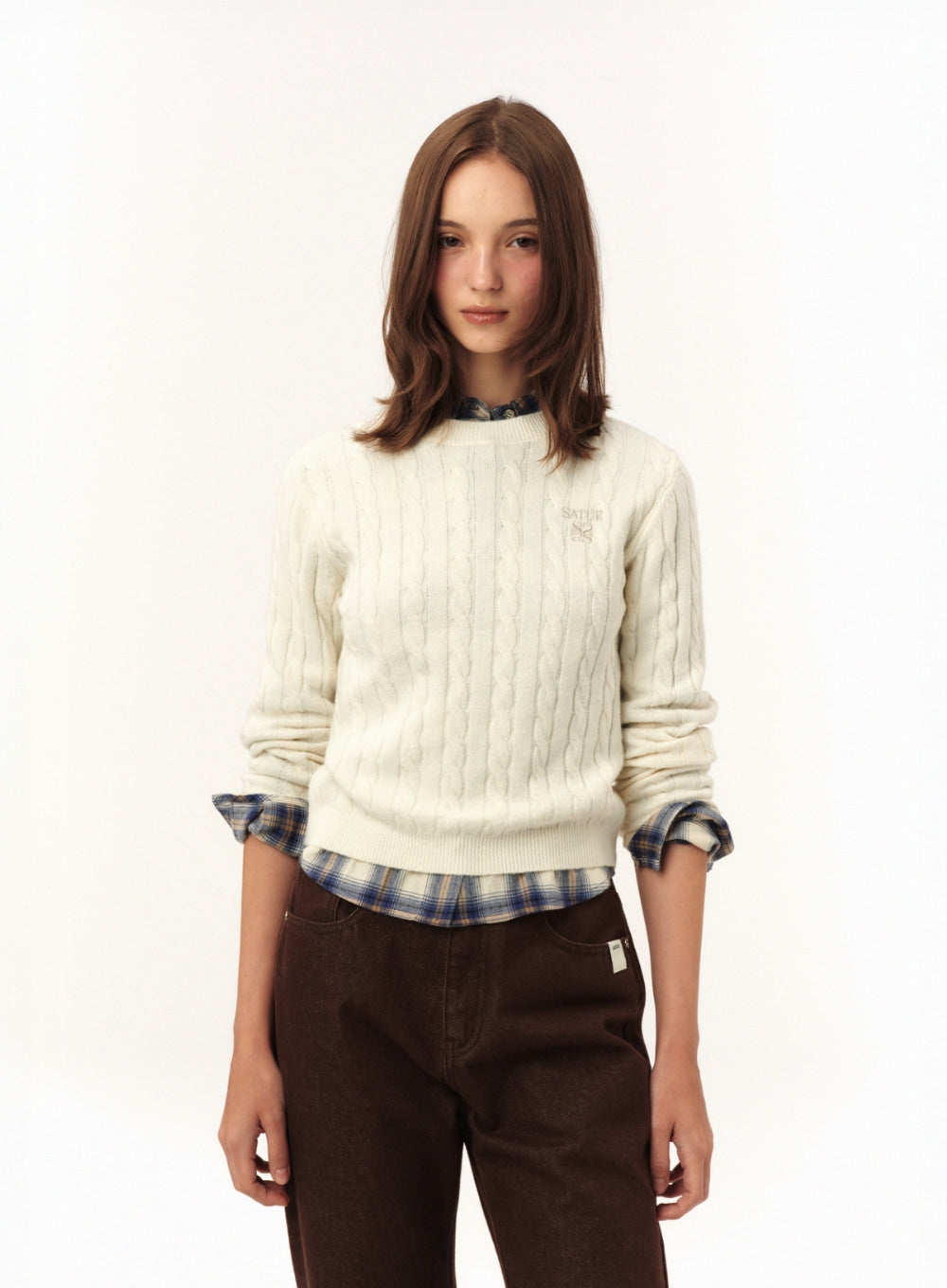 [satur] (W) Soft Touch Cable Crew Neck Knit - Cream