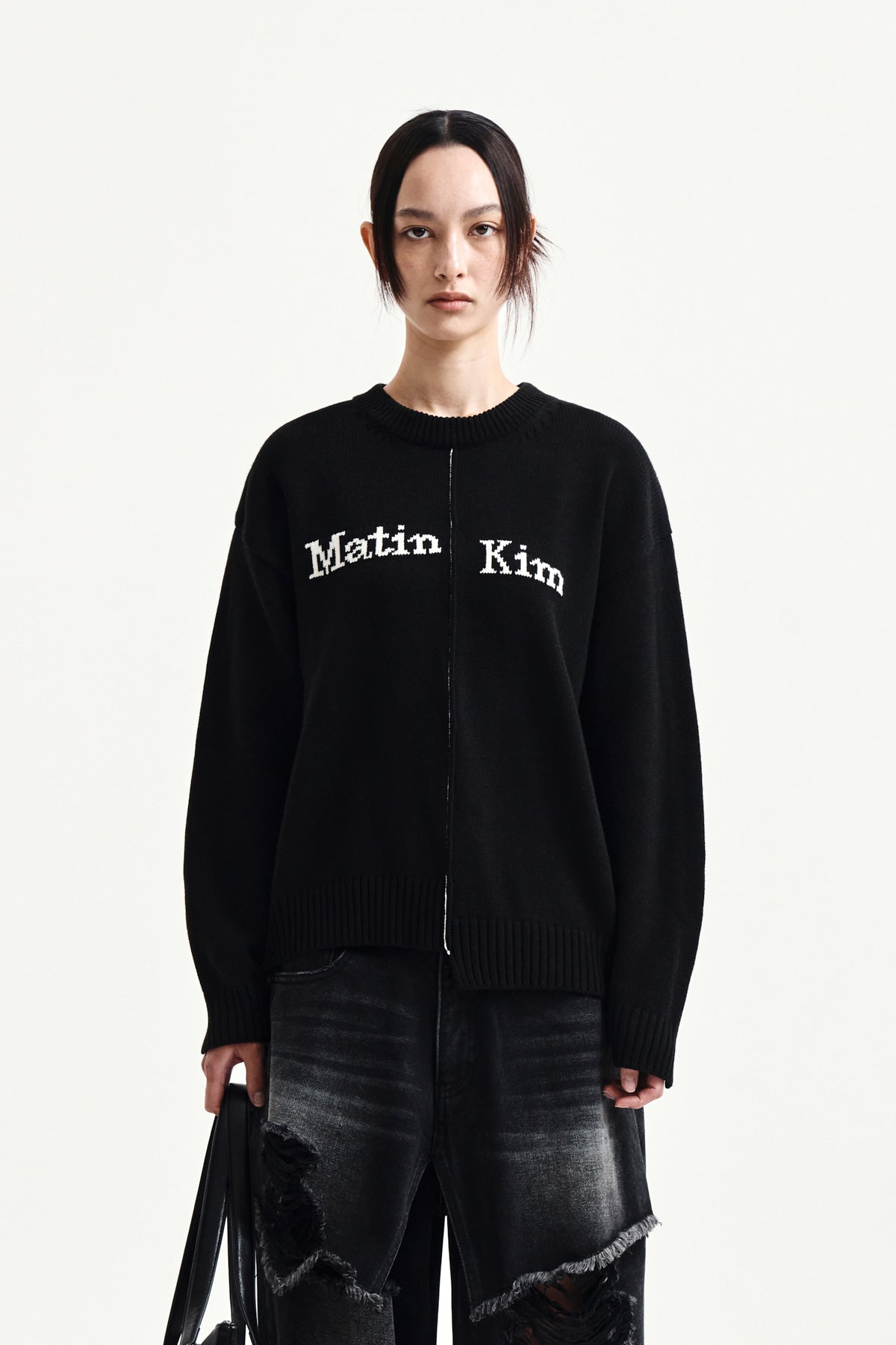 [matinkim] Asymmetric Logo Knit Pullover IN Black