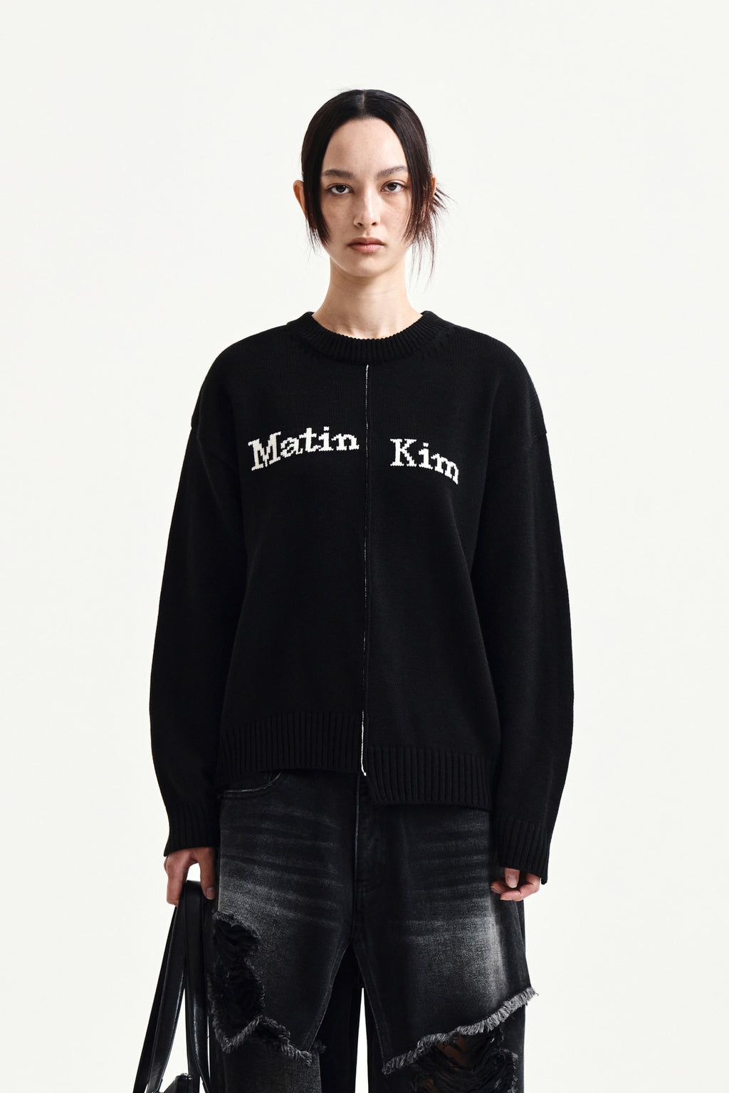 [matinkim] Asymmetric Logo Knit Pullover IN Black