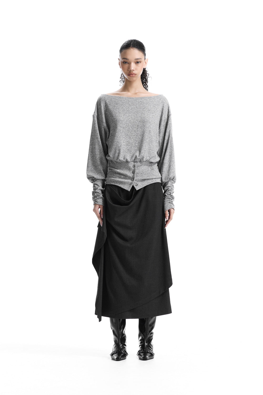 Treemingbird Banded-Waist Blouson Top Melange Gray