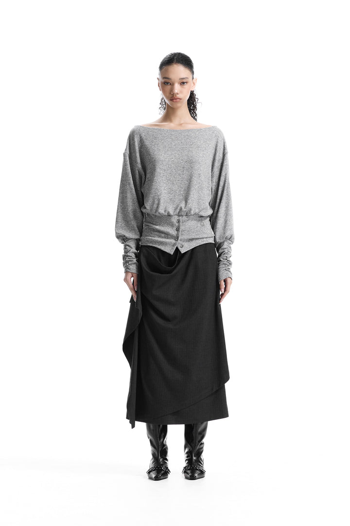 Treemingbird Banded-Waist Blouson Top Melange Gray