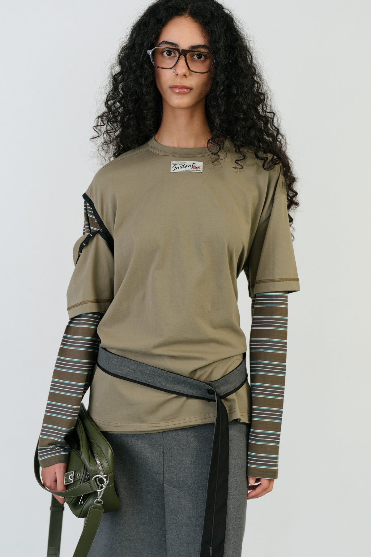 Instantfunk Layered Sleeve Stripe T Shirt - Khaki