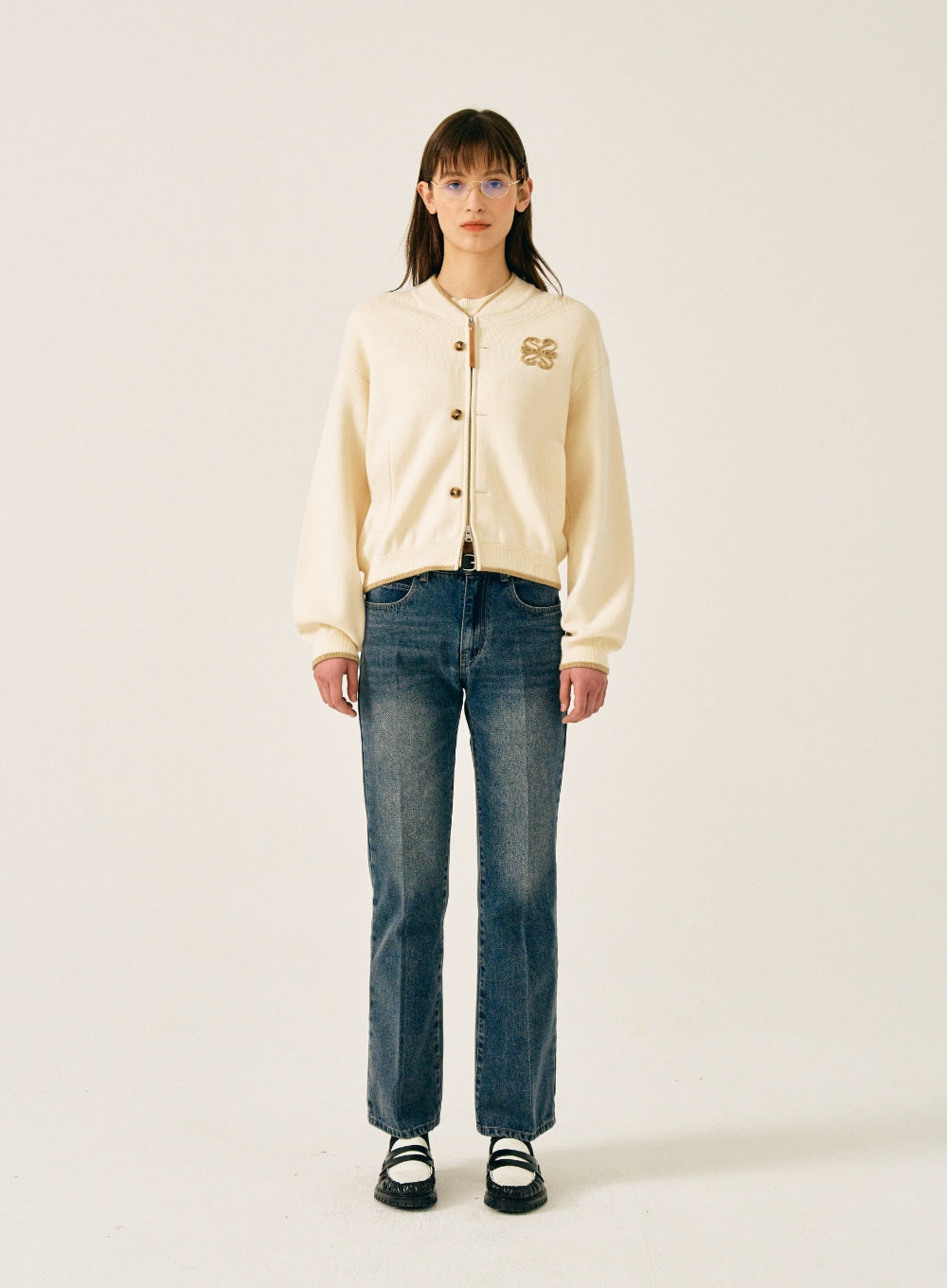 [satur] Teo Varsity Zip-Up Knit Cardigan - Resort Cream