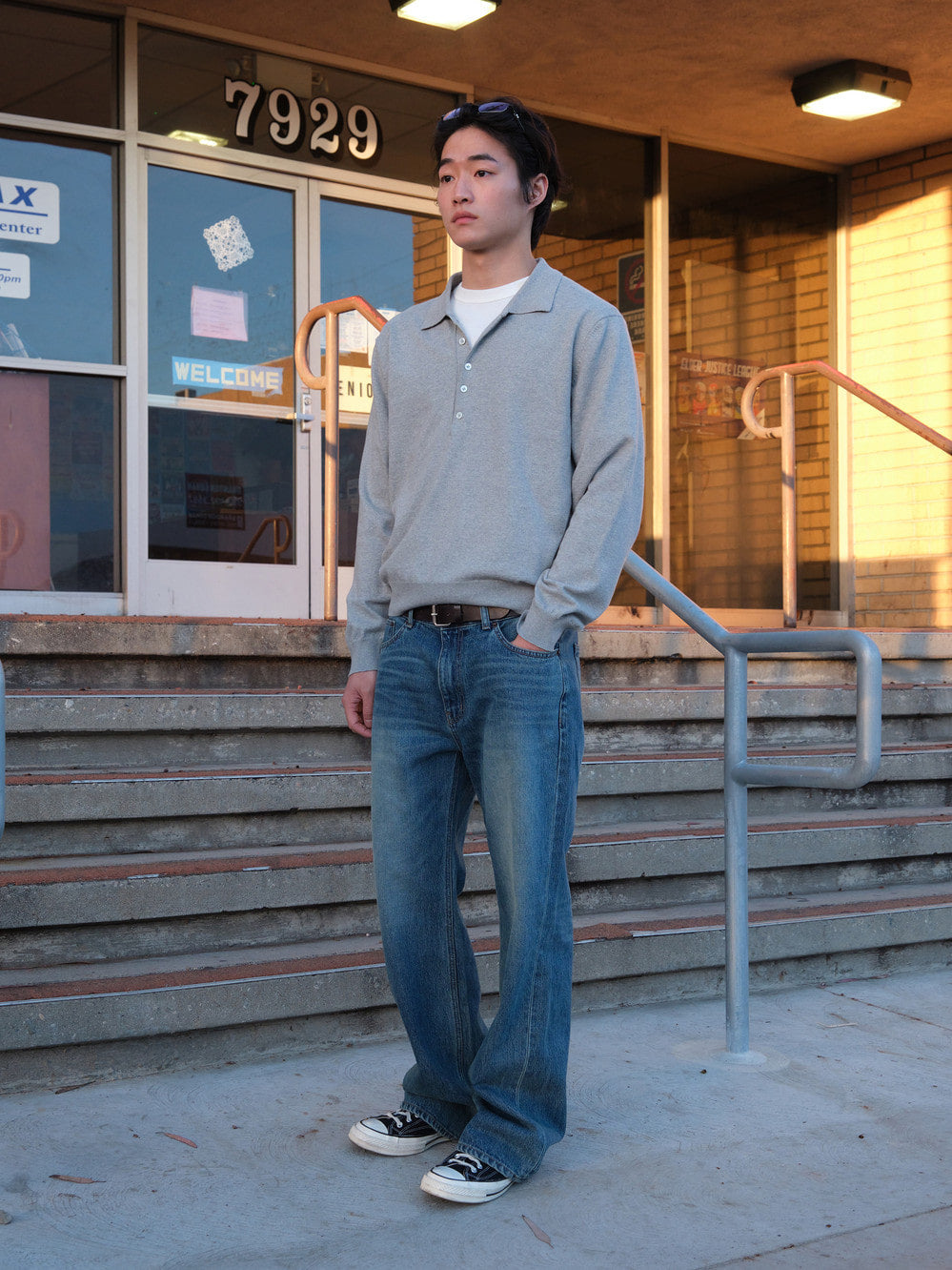 [Low Classic] Polo Sweater_Melange Grey