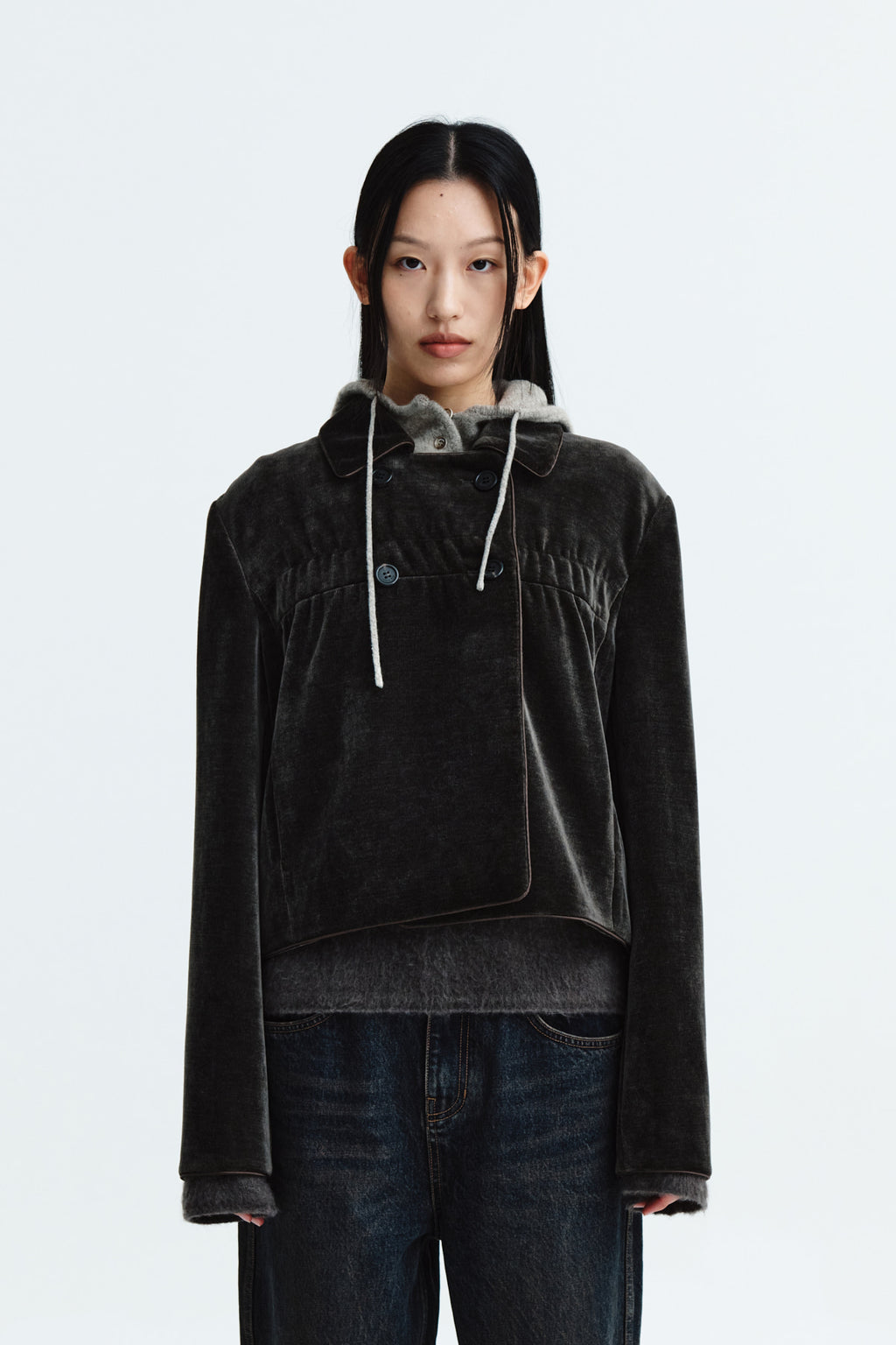 Matinkim Velvet Double Crop Jacket IN Khaki Brown