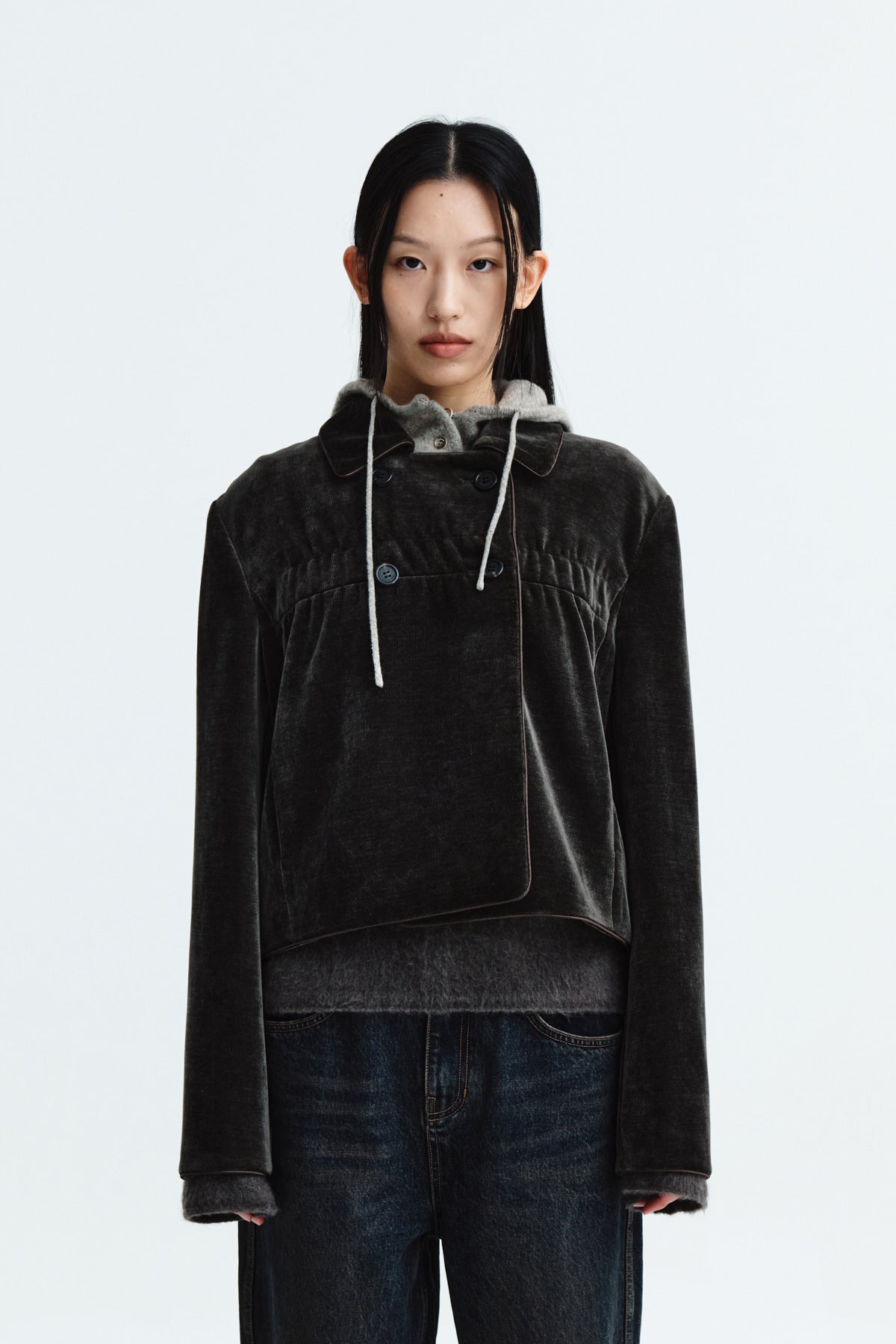 Matinkim Velvet Double Crop Jacket IN Khaki Brown