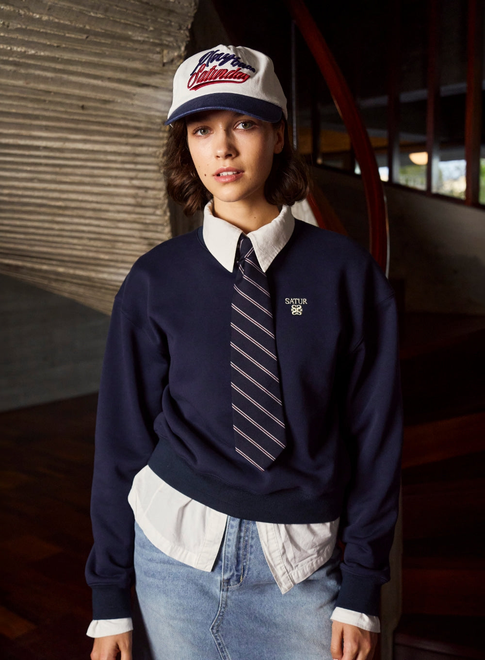 [satur] (W) Loren Small Logo Basic Crop Sweatshirt - Navy