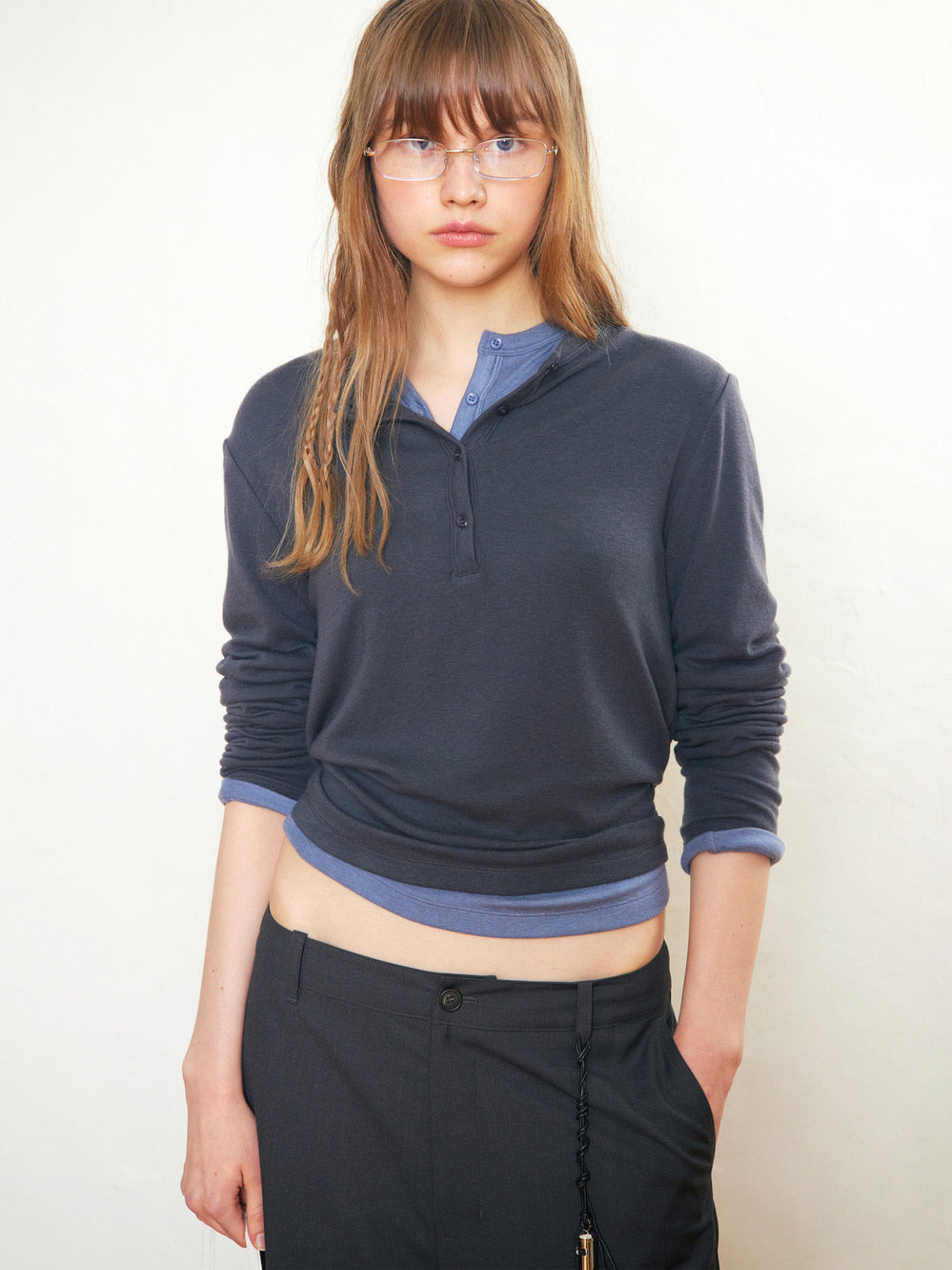 Low Classic Henry Neck Wool Jersey Warm T-Shirt Charcoal