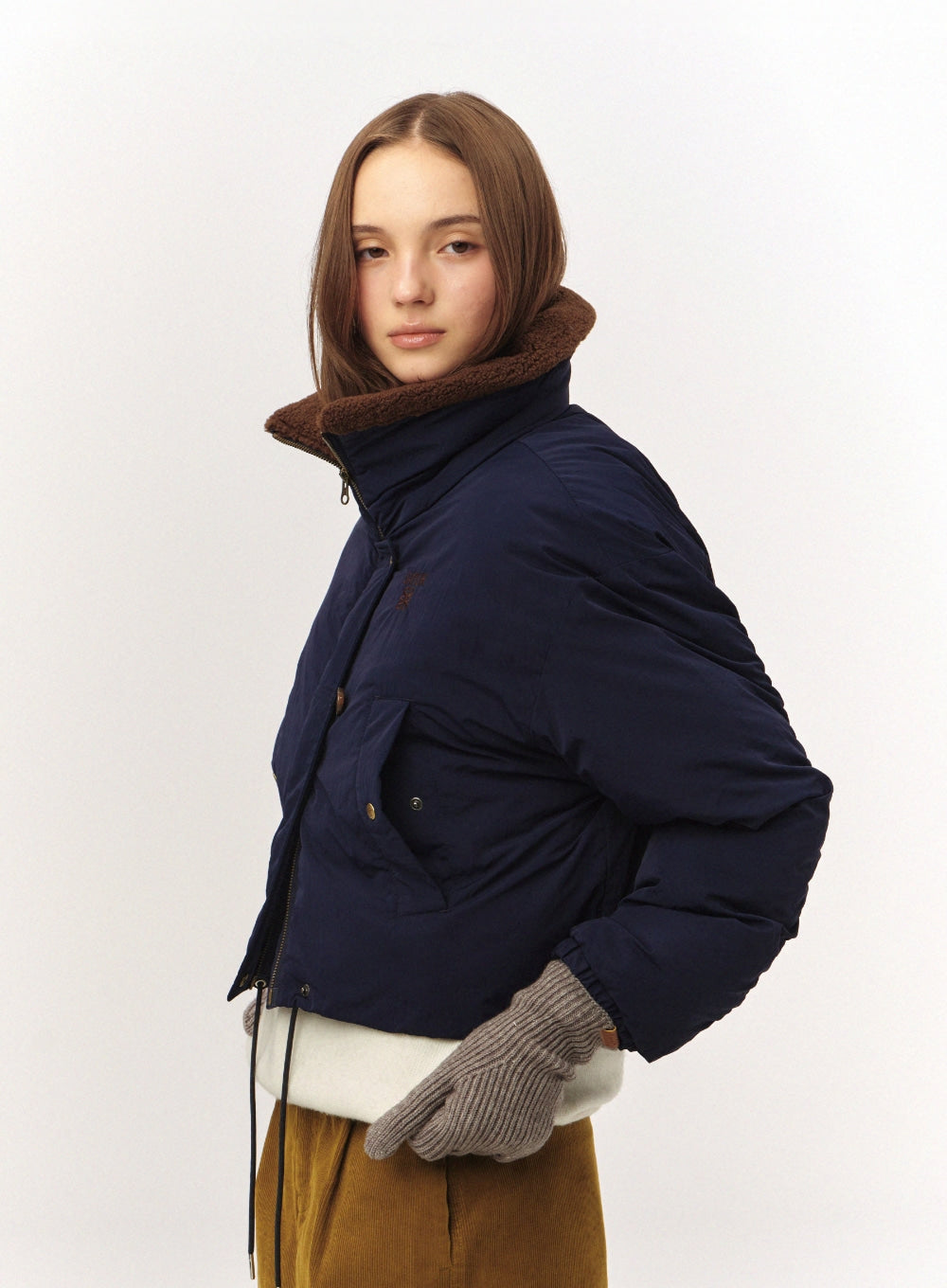 [satur] (W) Wide Collar Crop Padding Jacket - Navy