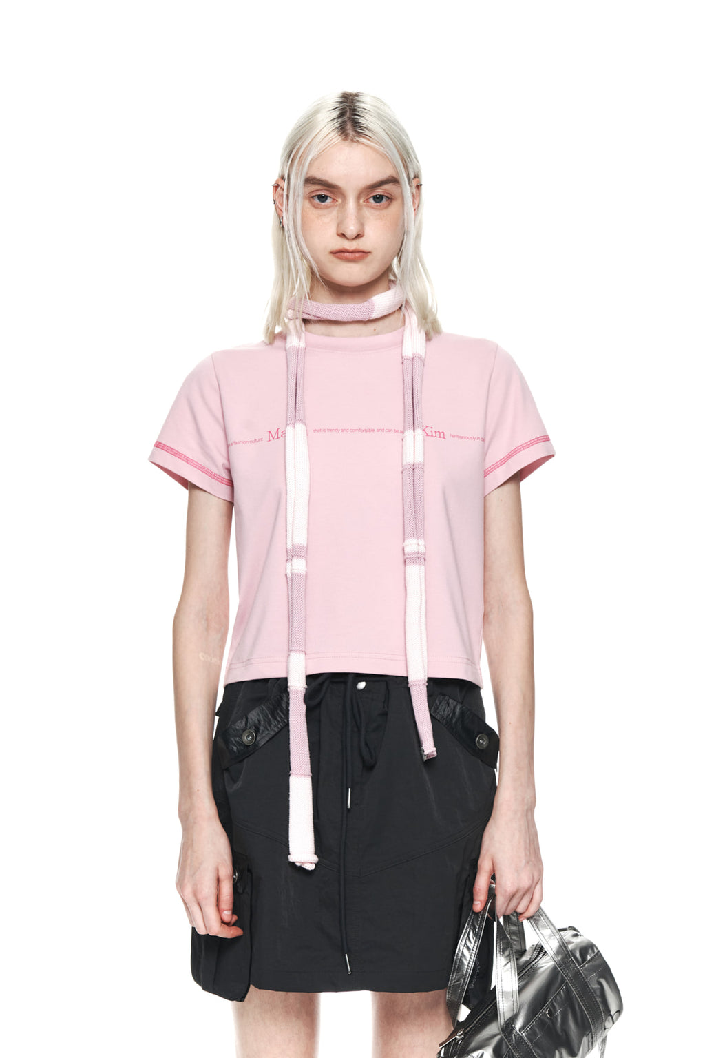 [matinkim] MATIN SMALL LINE LOGO STITCH CROP TOP IN PINK