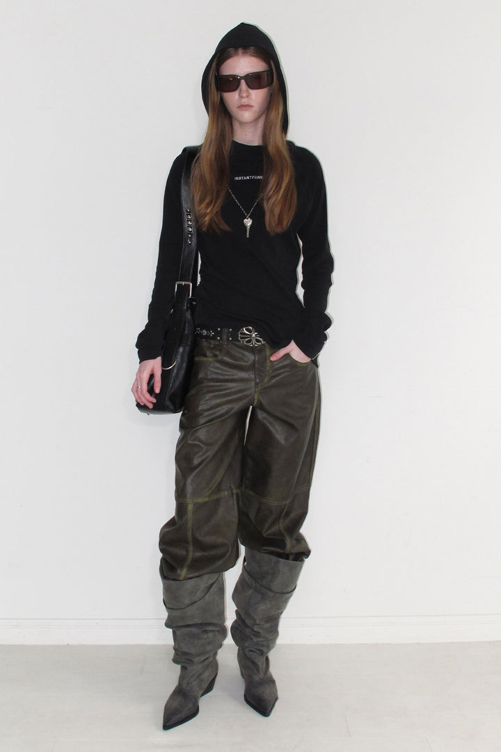 Instantfunk Washed Leather Panel Pants - Brown