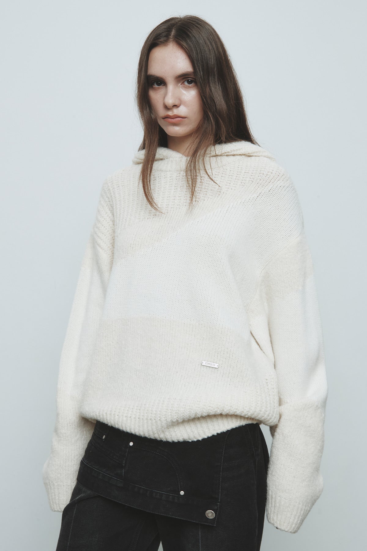 Matinkim Color Mix Unbalance Knit Hoody IN Ivory