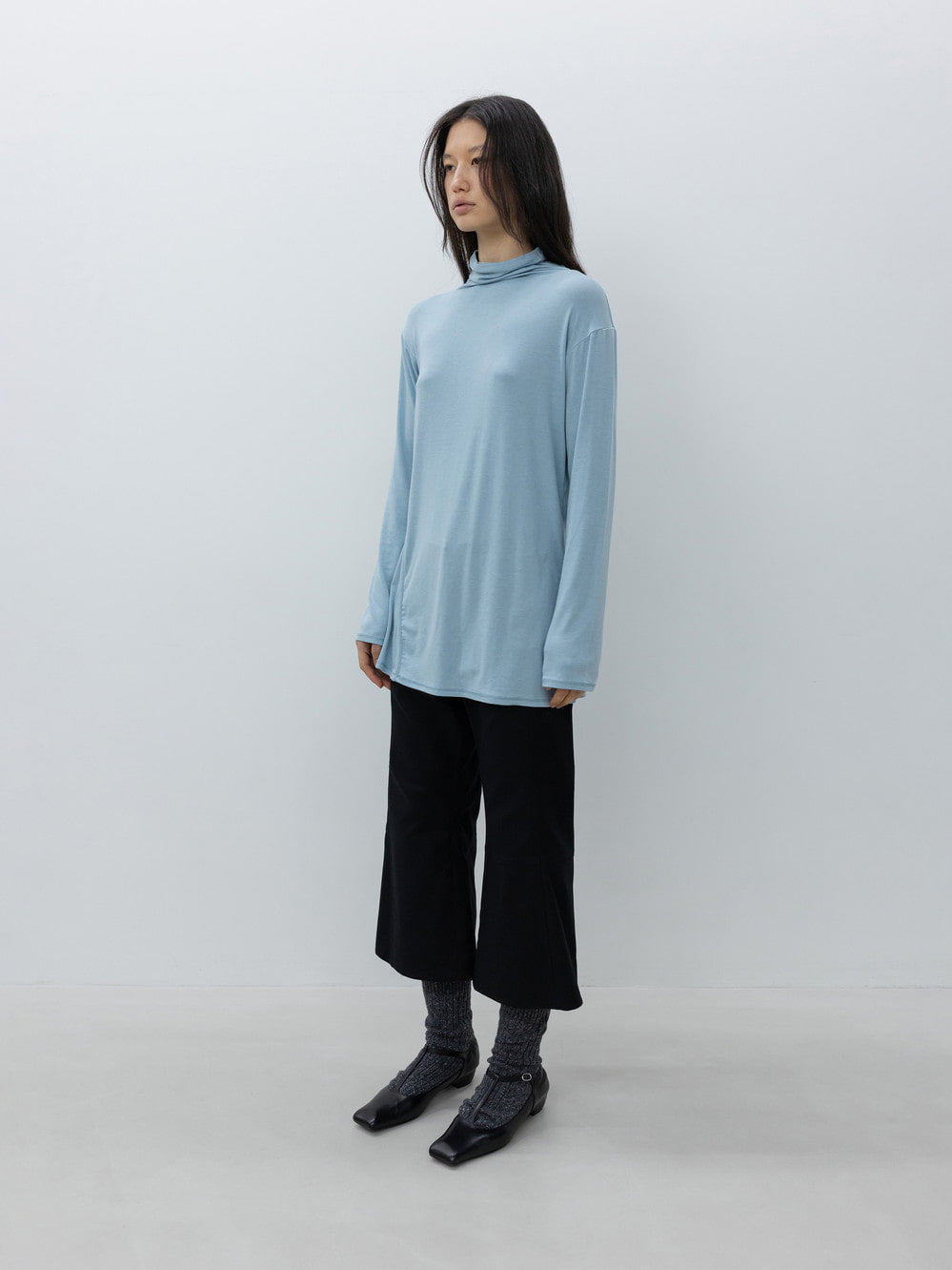 Low Classic High-Neck Wool Jersey Top Blue