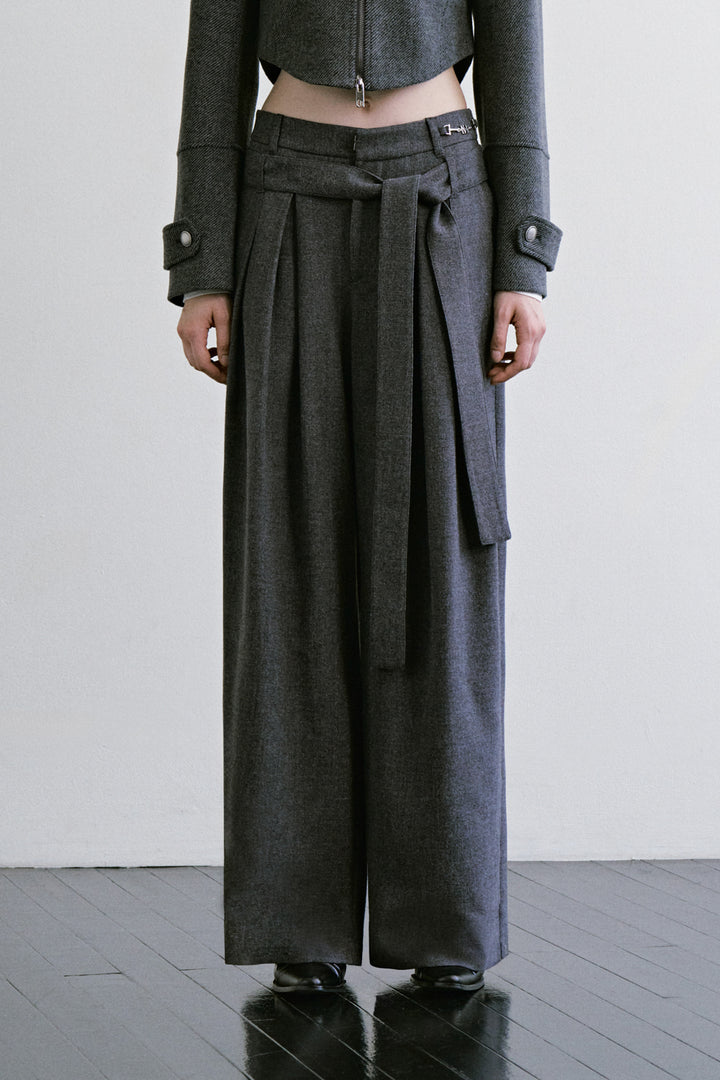 Treemingbird Detachable Belt Pleated Slacks Charcoal