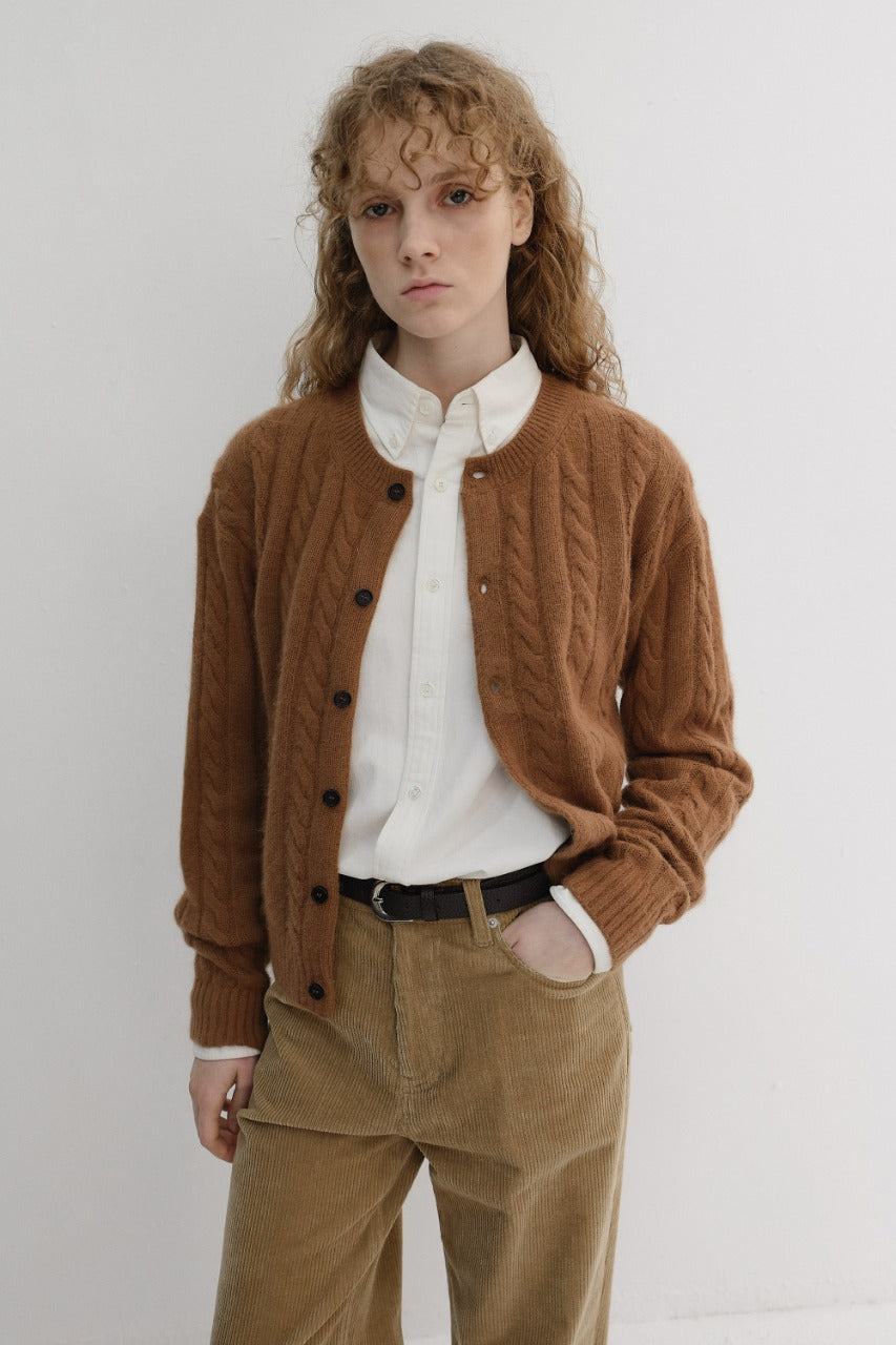 Dunst Unisex Hairy Cable Crew Neck Cardigan Camel