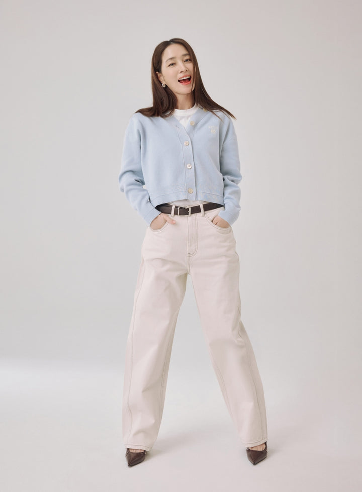 Satur Round Collar Denim Pants - Ecru