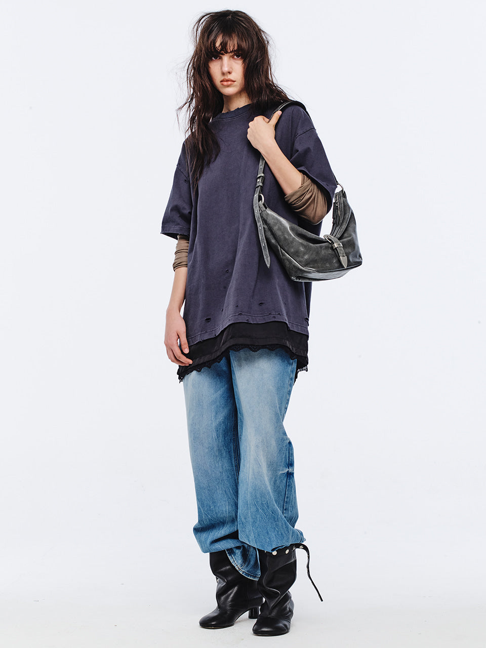 Margesherwood Belted Hobo Medium white+grey two-tone cracked