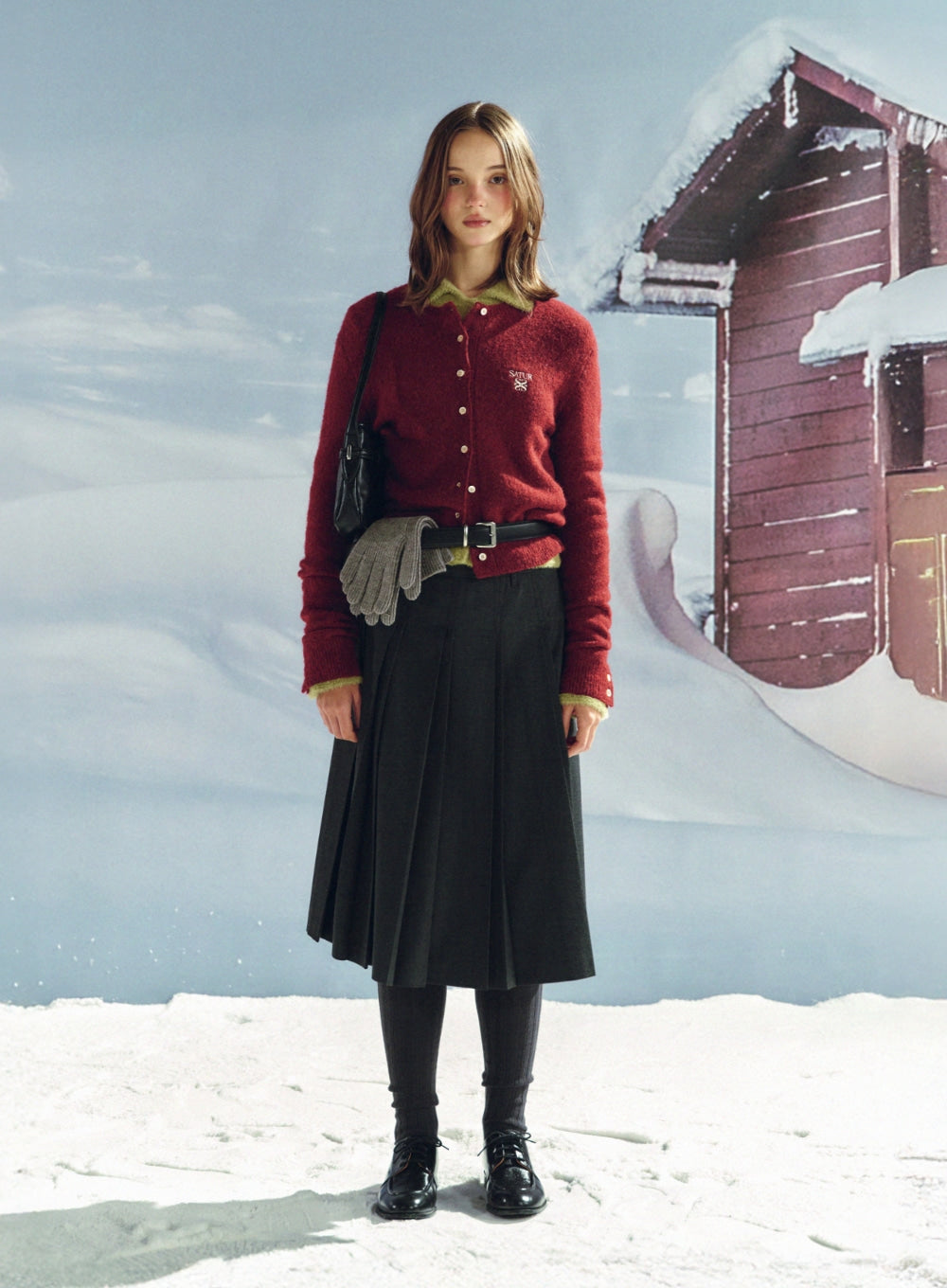 [satur] (W) Loren Wool Blend Crew Neck Knit Cardigan - Red