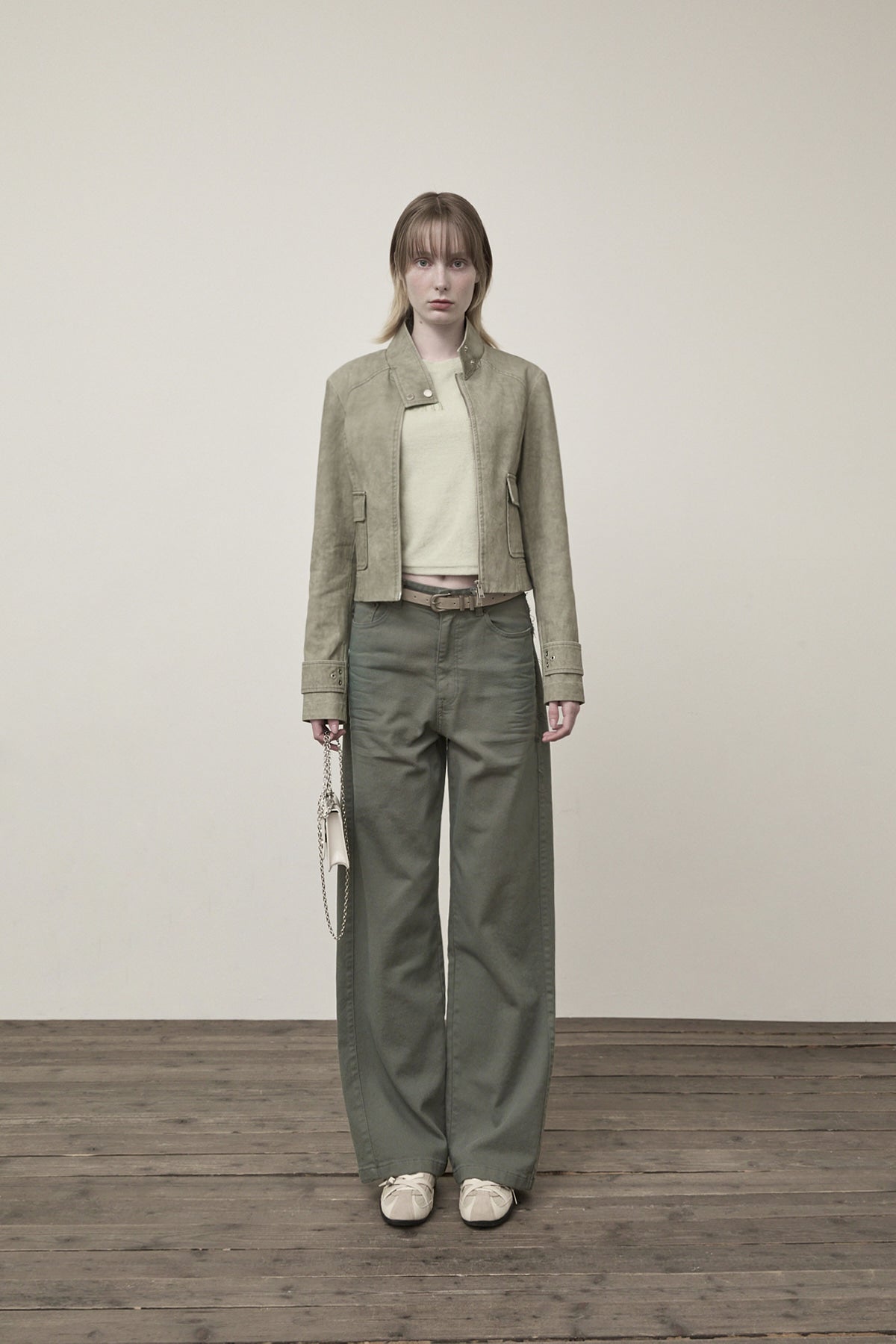 [matinkim] WASHED SLIM BIKER JUMPER IN LIGHT KHAKI