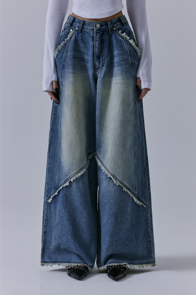 Treemingbird Incision Tassel Denim Pants Blue