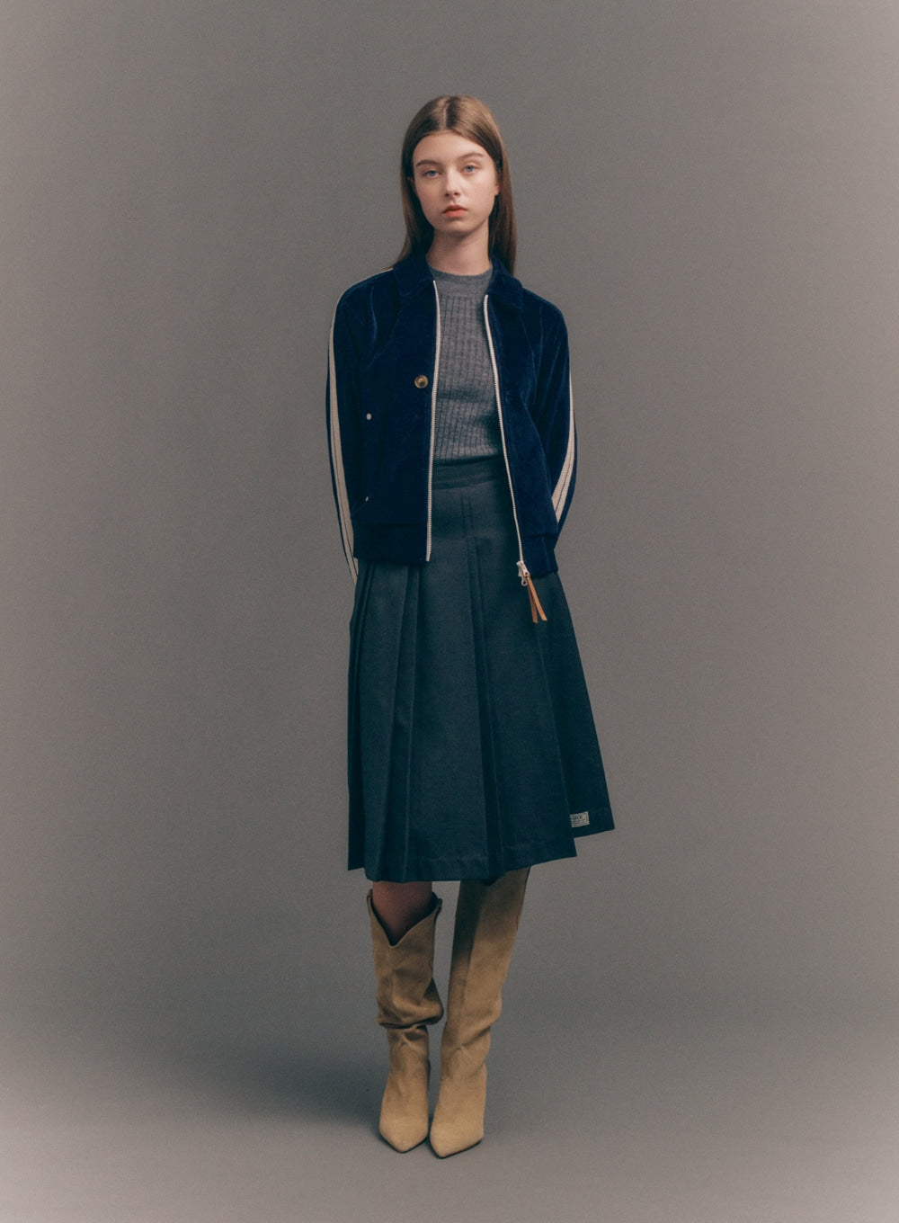 [satur] (W) Lawton Velour Collar Jacket - Navy