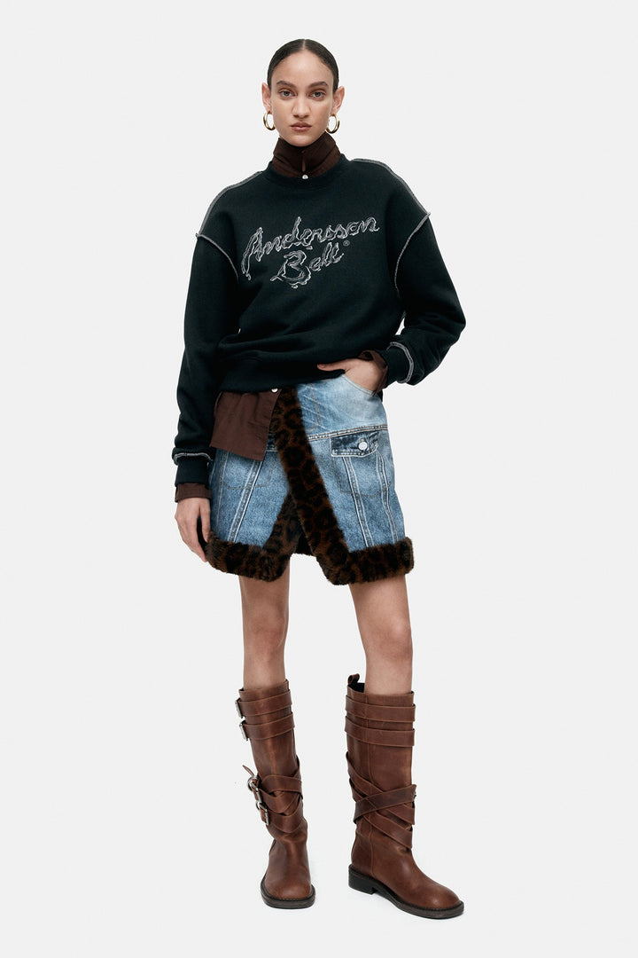Andersson Bell Fur-Edged Denim Print Skirt