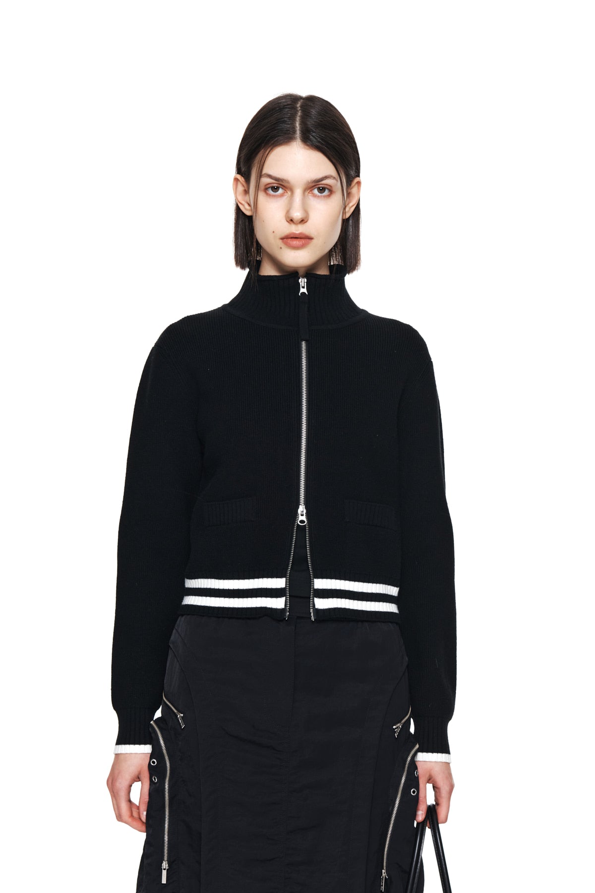 [matinkim] SPELL POINT STRIPE KNIT CARDIGAN IN BLACK