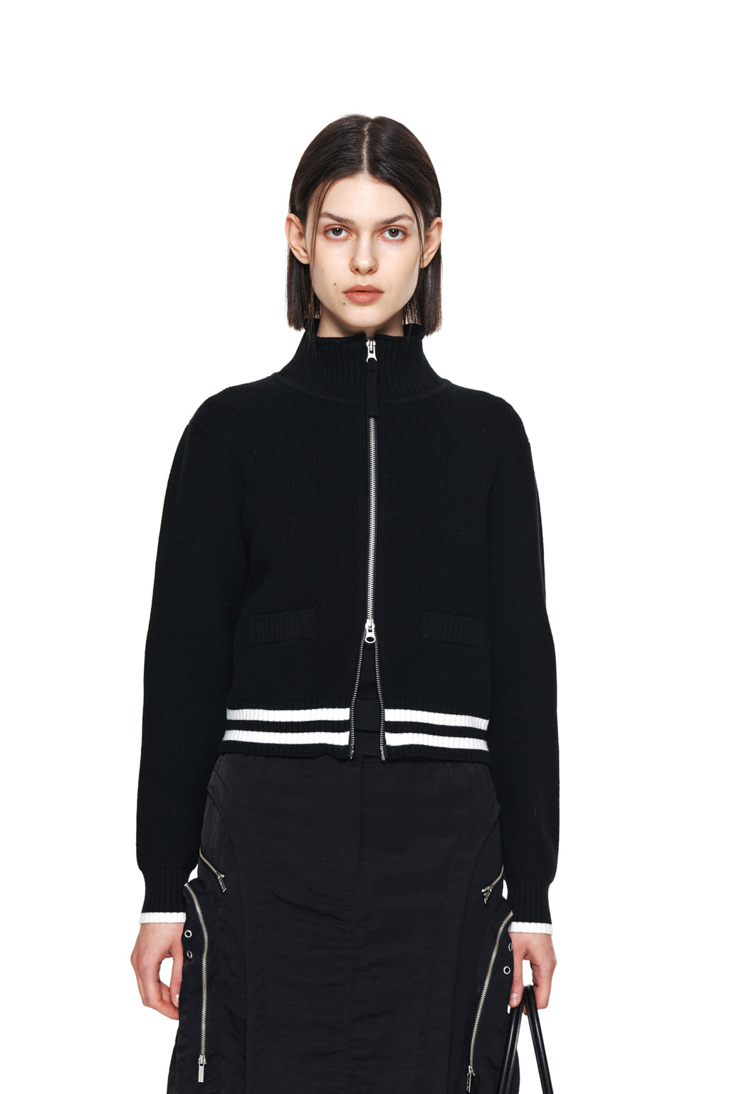 [matinkim] SPELL POINT STRIPE WOOL BLENDED KNIT CARDIGAN IN BLACK