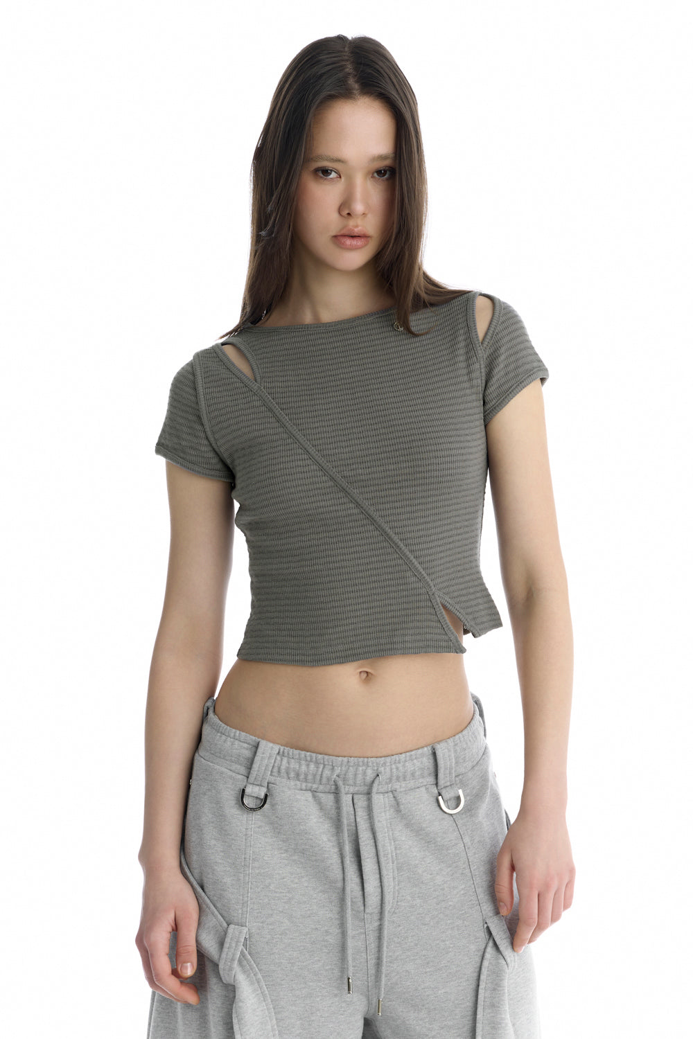 Treemingbird Slim-Fit Slit Ribbed T-Shirt Gray