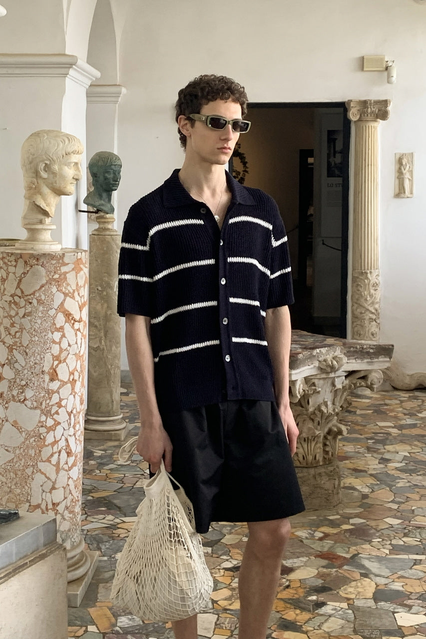 Dunst Shaker Stitch Collared Cardigan Navy Cream