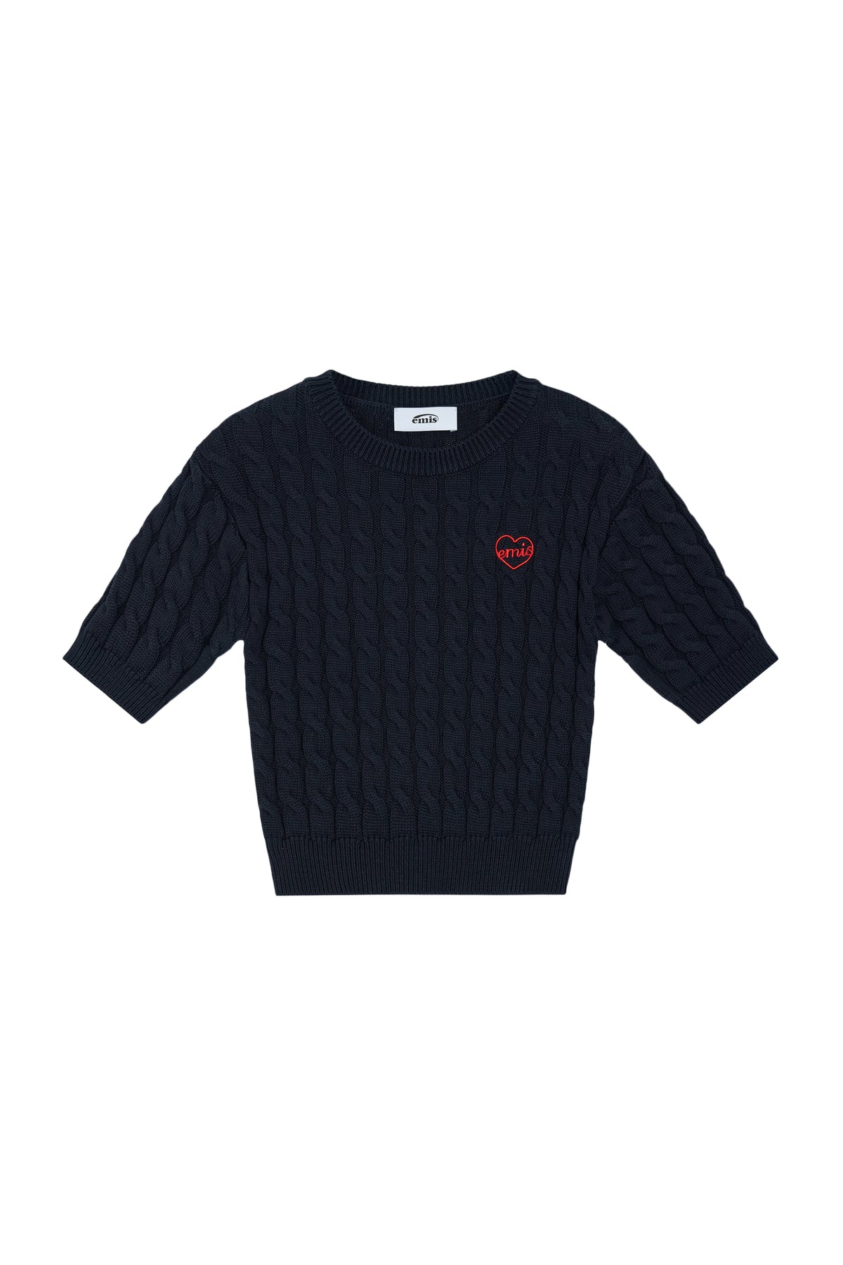 EMIS Heart Cable Cropped Knit Top-Navy