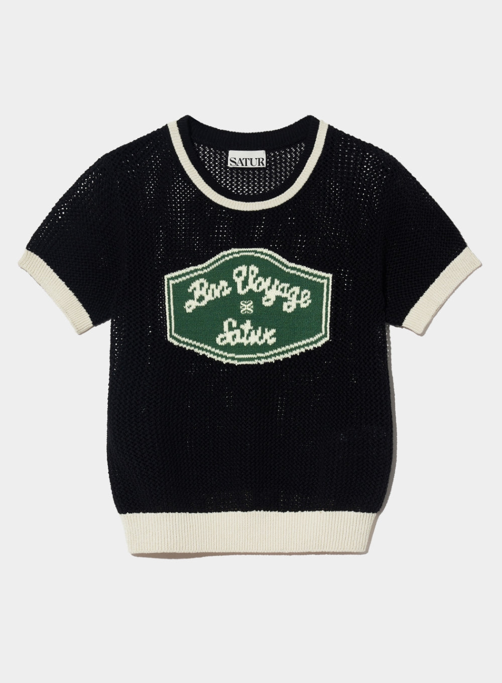 [satur] (W) Bon Voyage Artwork Logo Crew Neck Half Knit - Organic Black
