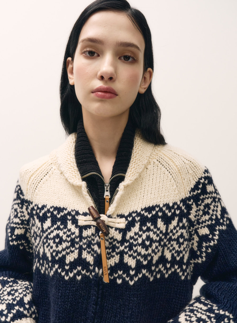 [satur] (W) Cowichan Knit Zip-up Cardigan - Navy